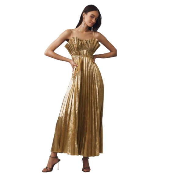 ANTHROPOLOGIE ACLER GOLD METALLIC DRESS LONG MAXI CHIC WEDDING SIZE MEDIUM - Picture 1 of 4